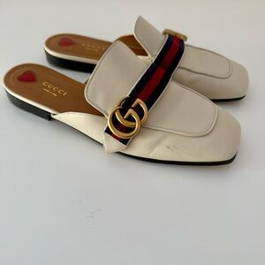 Gucci Peyton GG Logo Cream Leather Mules Size 39